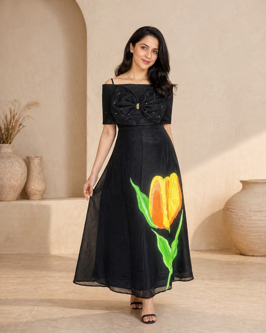Handpainted floral frock with Cape