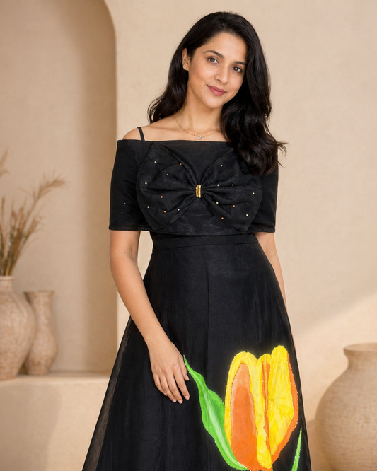 Handpainted floral frock with Cape