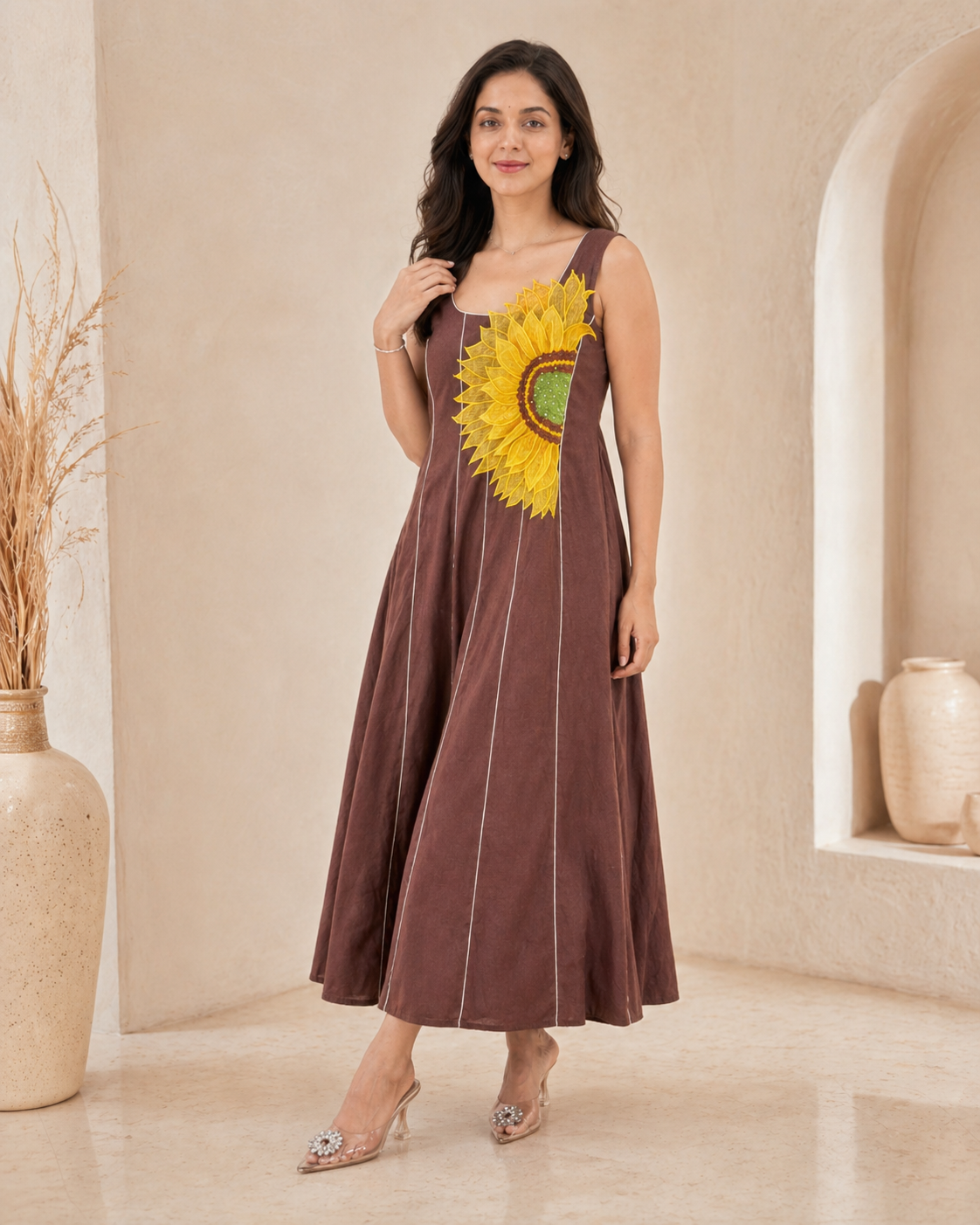 Mocha petal sleeveless A line dress styling
