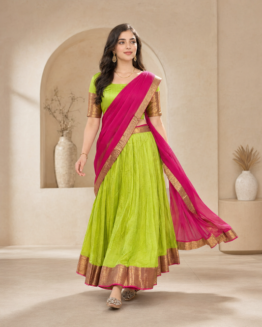 Parrot green kanchi border lehanga with pink dupatta