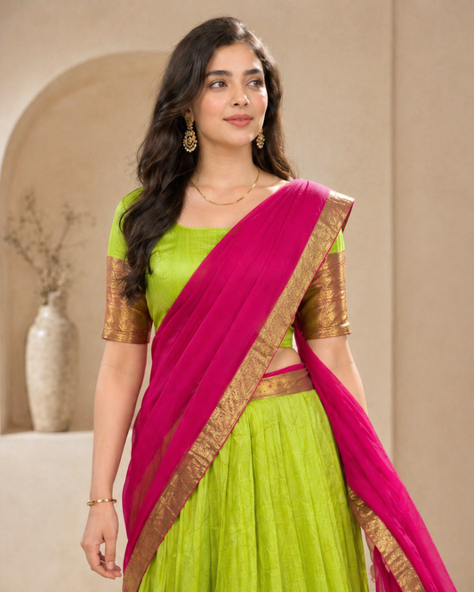 Parrot green kanchi border lehanga with pink dupatta