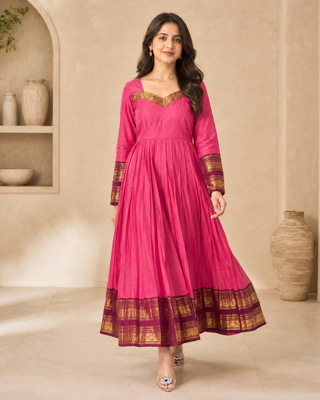 Pink cotton frock with kanchi border styling