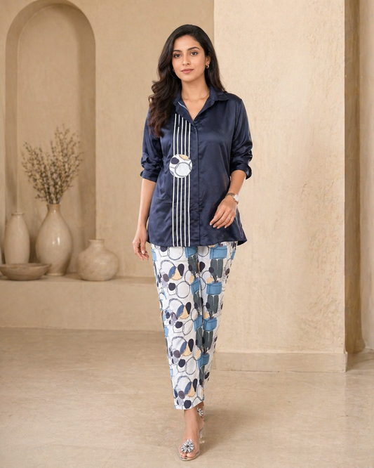 Black satin co-ord set with printed pant