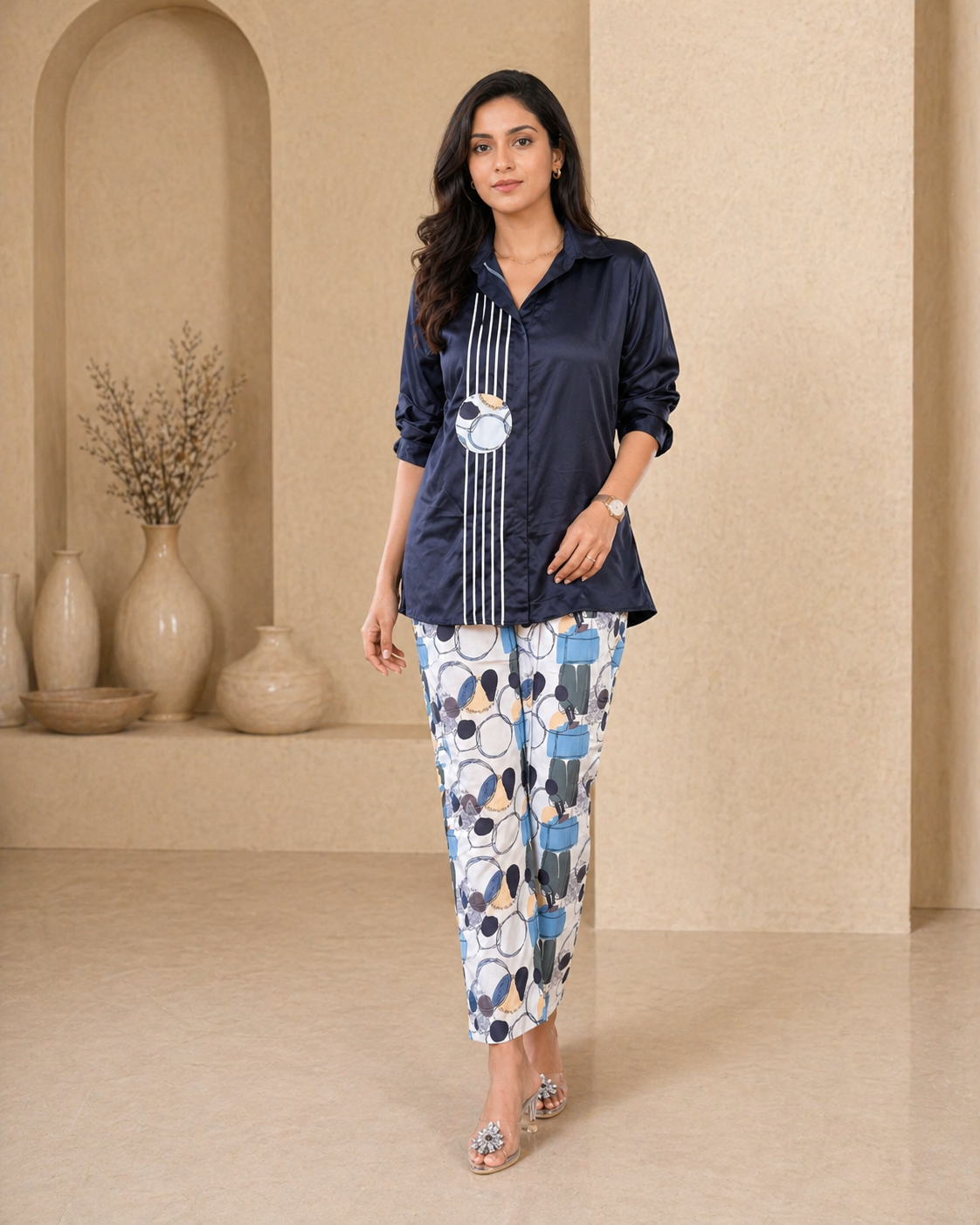 Black satin co-ord set with printed pant styling