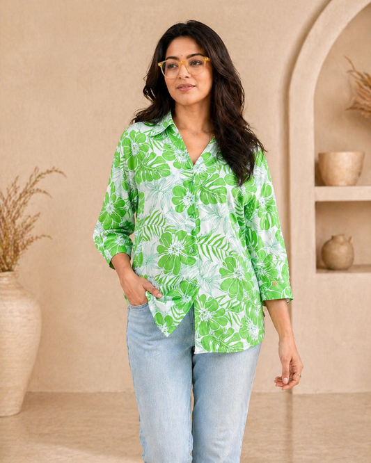 Classic green printed cotton formal shirt