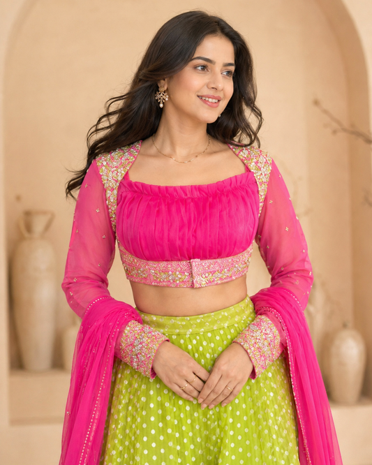 Banaras green lehanga with pink full sleeves and  dupatta