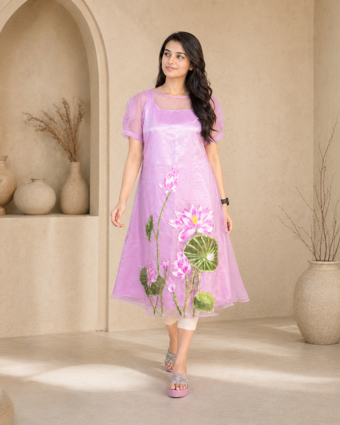 Lavender organza frock with detachable satin lining and hand painted design styling