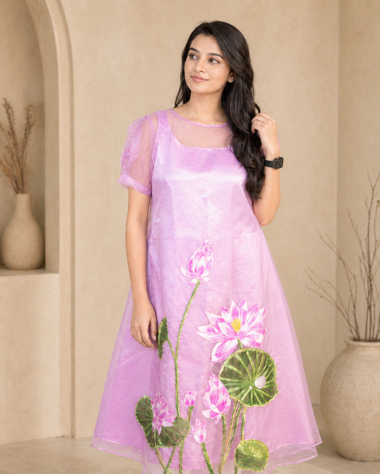 Lavender organza frock with detachable satin lining and hand painted design