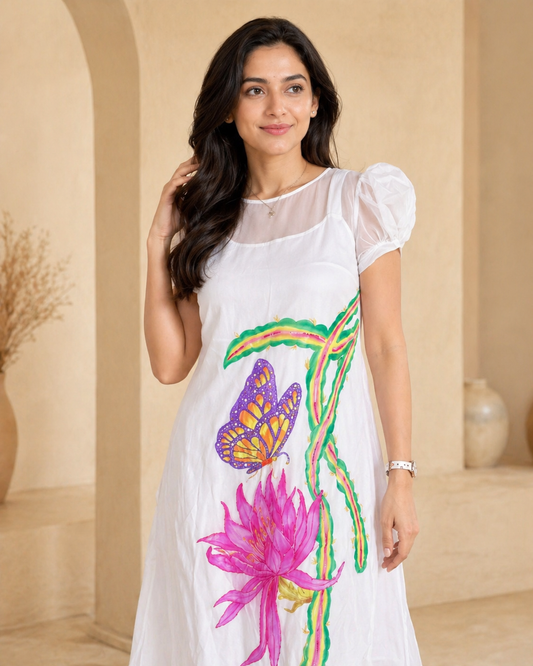 Ivory organza Frock with detachable satin lining and hand painted design