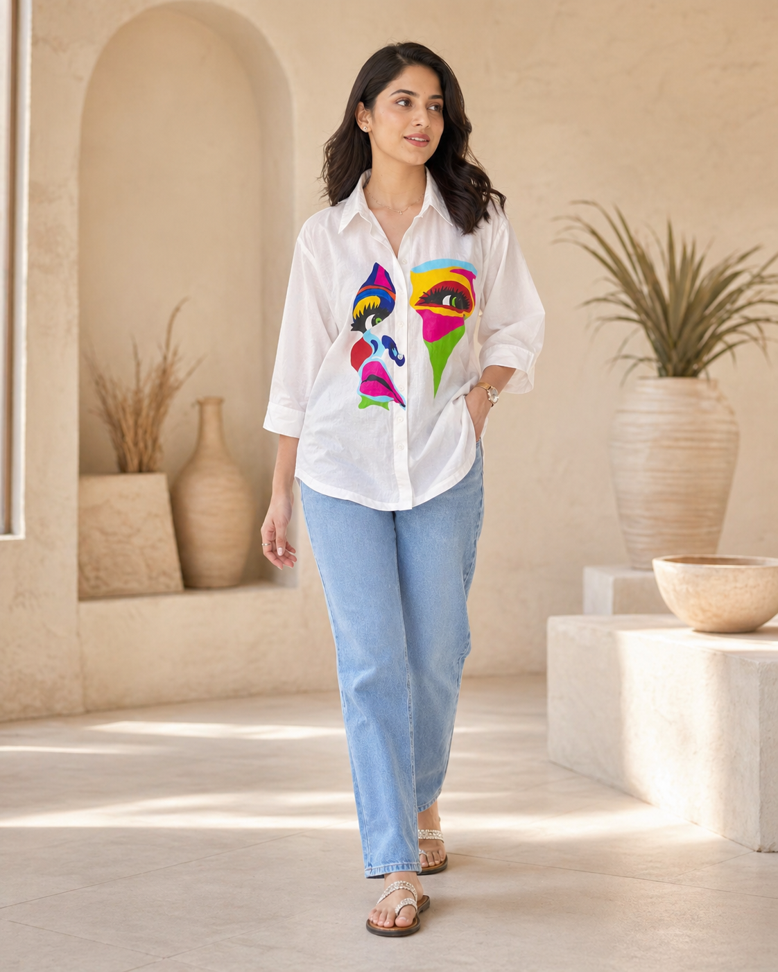 White shirt with hand painted motif styling
