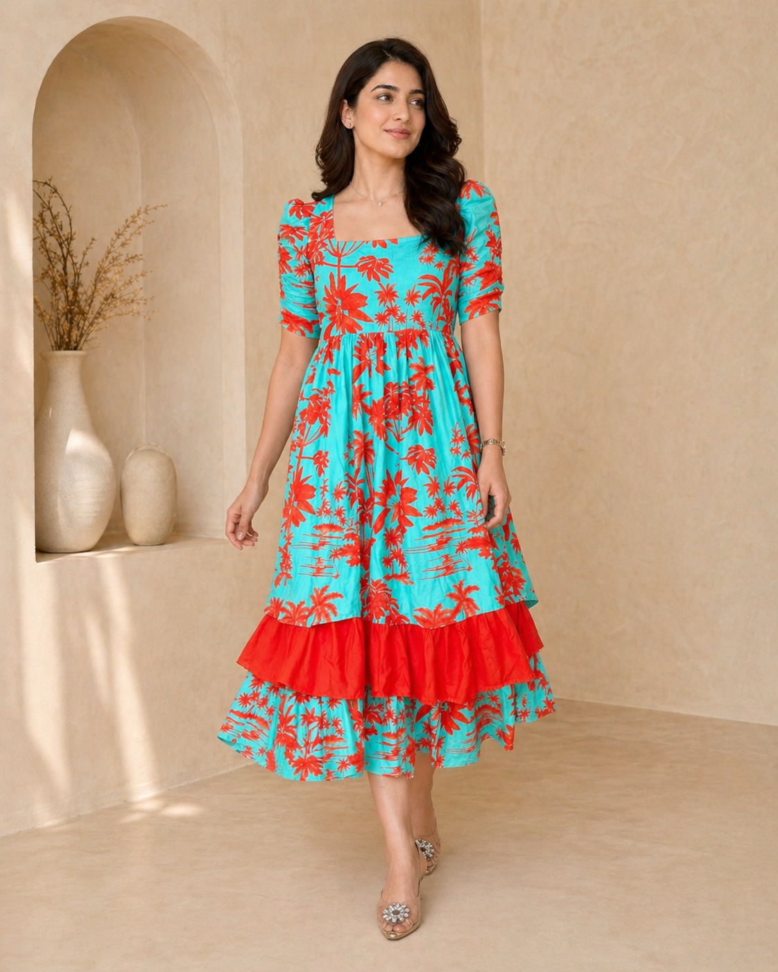Green cotton  frock with elbow sleeves