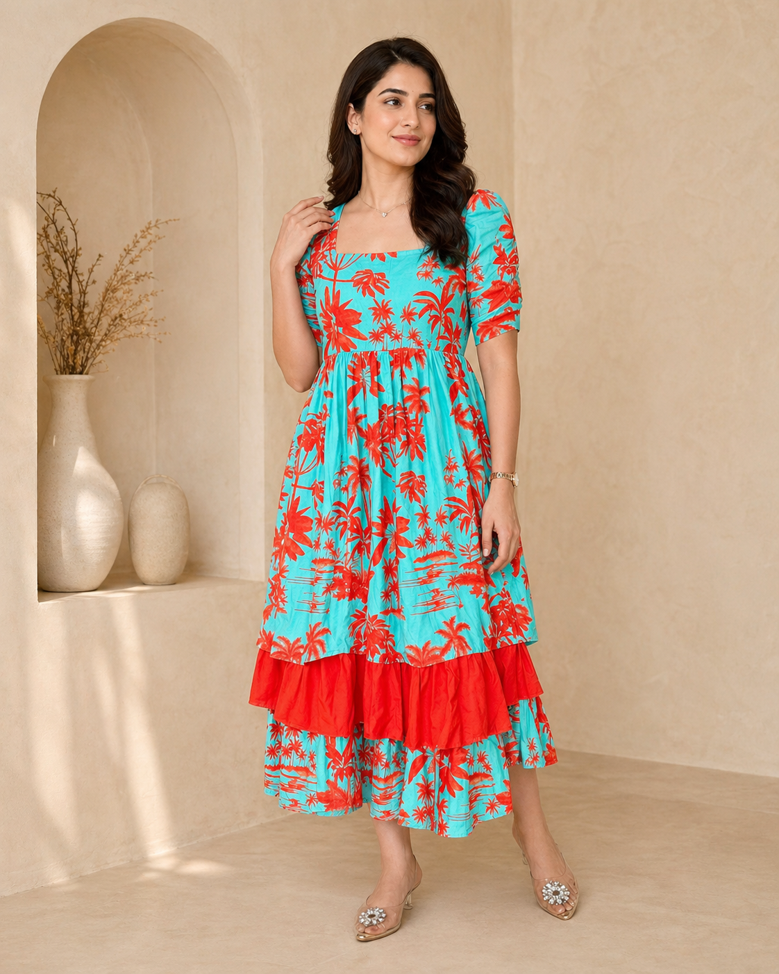 Green cotton  frock with elbow sleeves styling