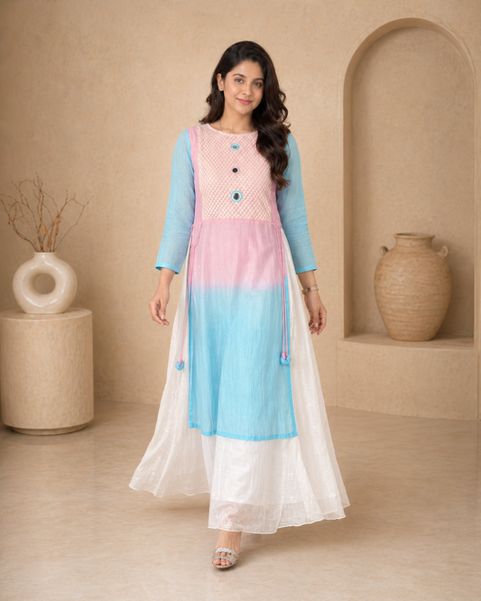 Dual shade kota cotton frock with mirror work