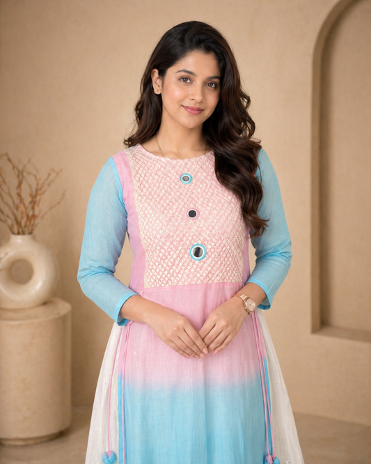 Dual shade kota cotton frock with mirror work
