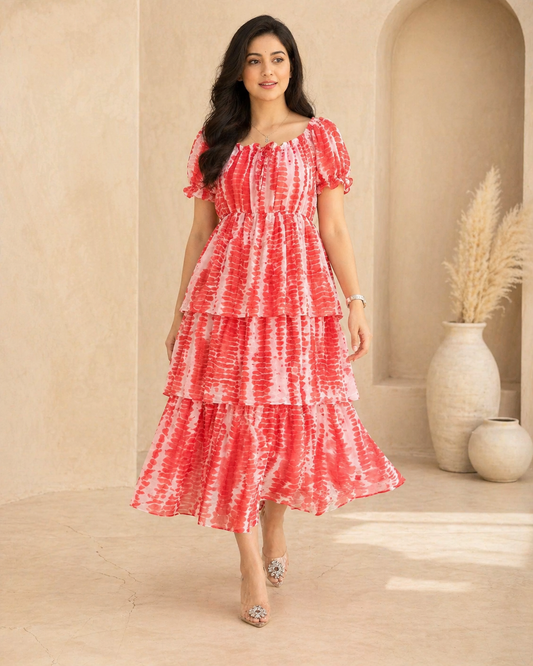 Red georgette frock with puff sleeves