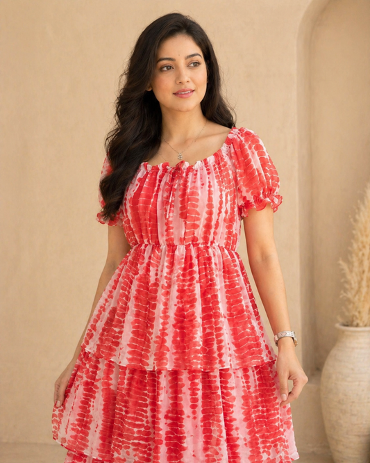 Red georgette frock with puff sleeves