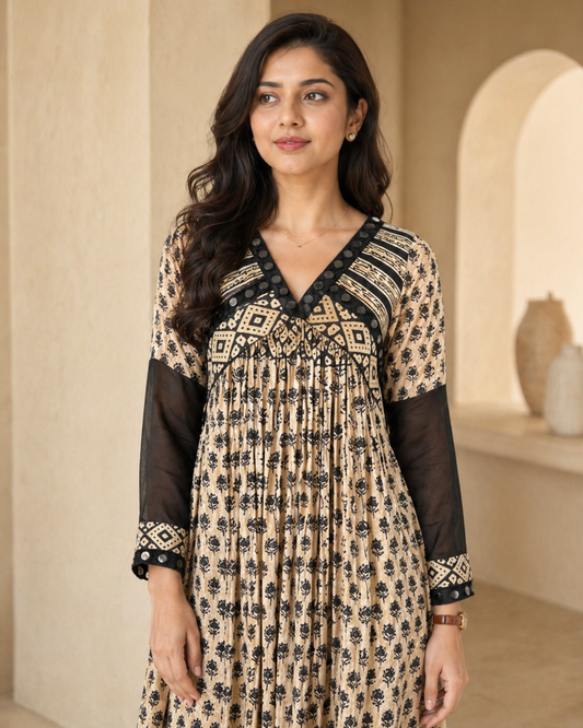Black chanderi full sleeves frock with mirror work on collar