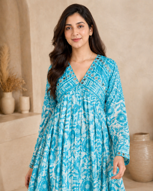 Blue Chanderi frock full sleeves with mirror work