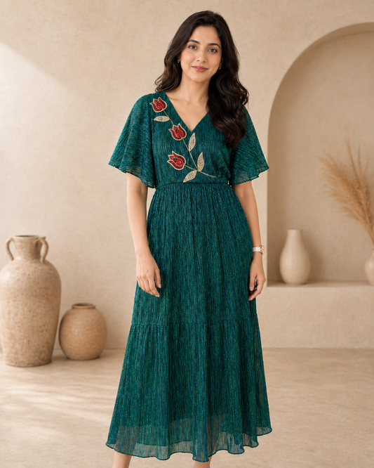 Lime Stretch - lyrca comfort frock with hand embroidery