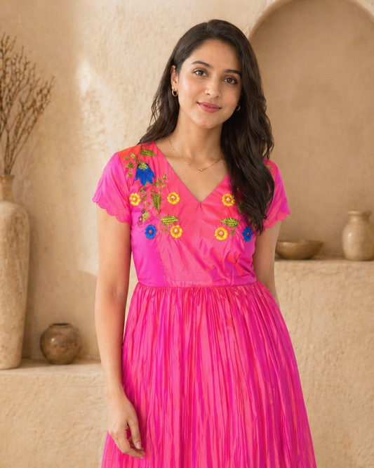Silk frock with machine embroidery