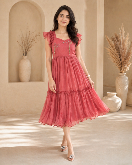 Mul cotton with butterfly motif hand embroidery frock