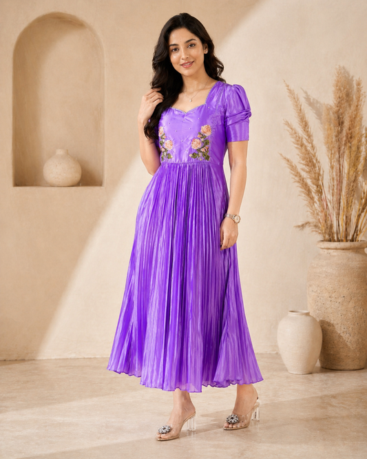 Lavender Silk Frock with hand embroidery