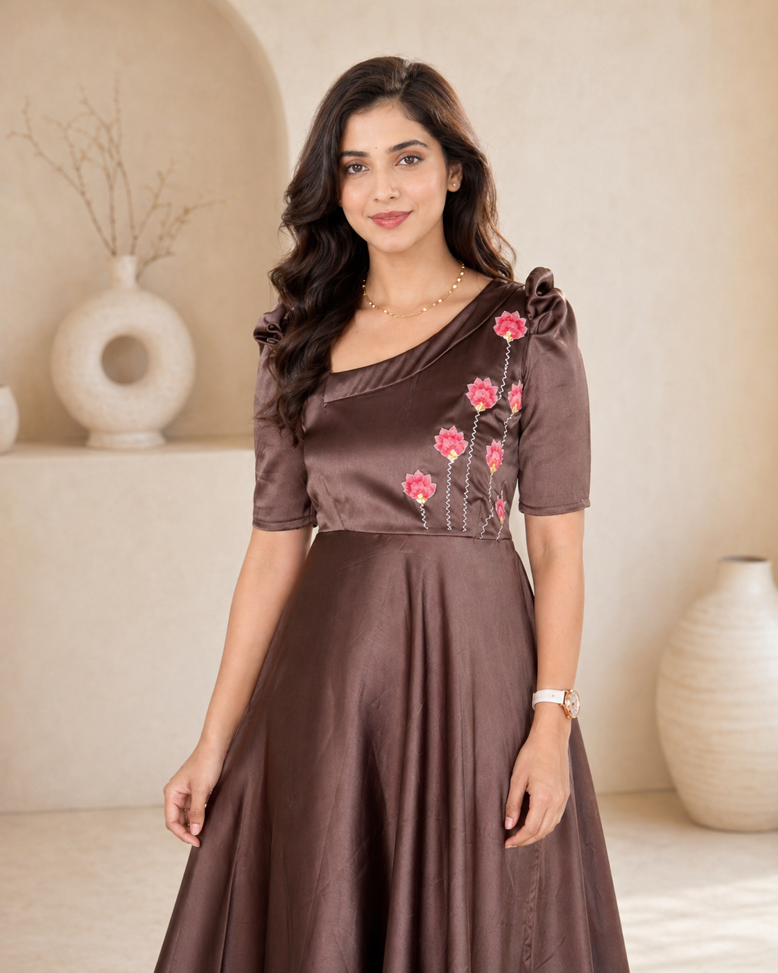 Mocha Stain frock with hand embroidery detail