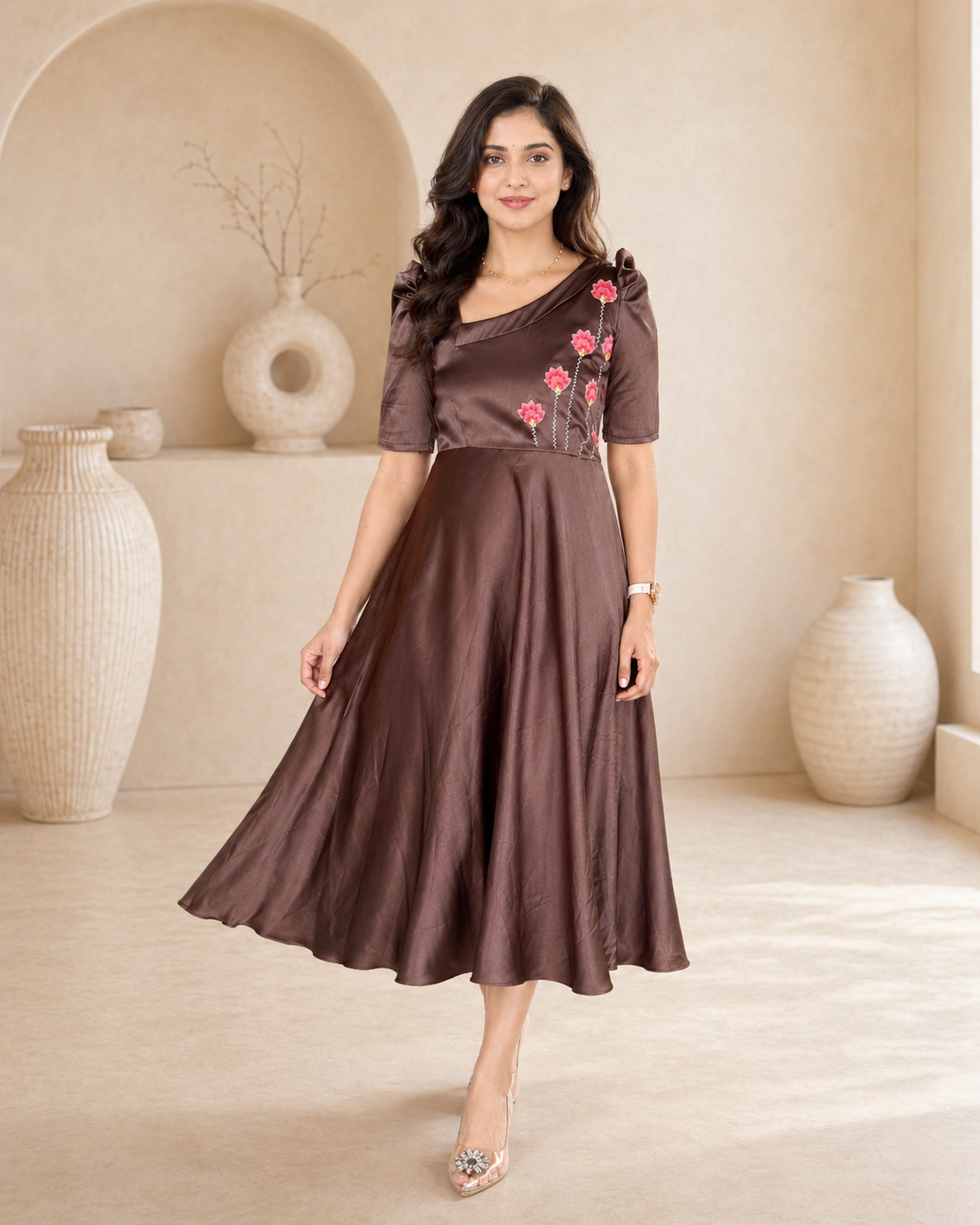 Mocha Stain frock with hand embroidery styling