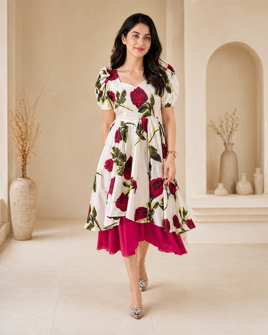 Beige with maroon floral frock