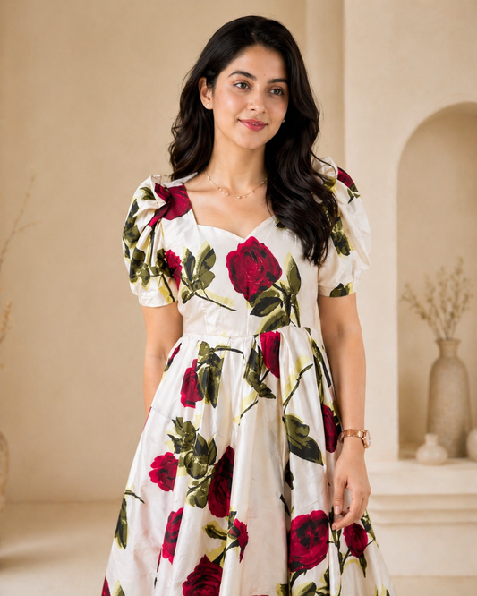 Beige with maroon floral frock