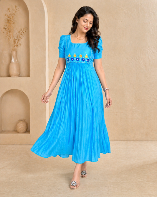 Royal Blue Silk Party Wear Frock with hand embroidery