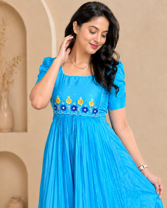Royal Blue Silk Party Wear Frock with hand embroidery