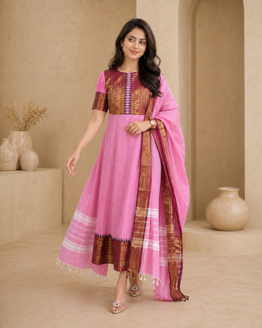 kanchi cotton Frock with border and dupatta