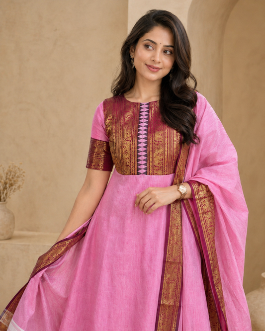 kanchi cotton Frock with border and dupatta