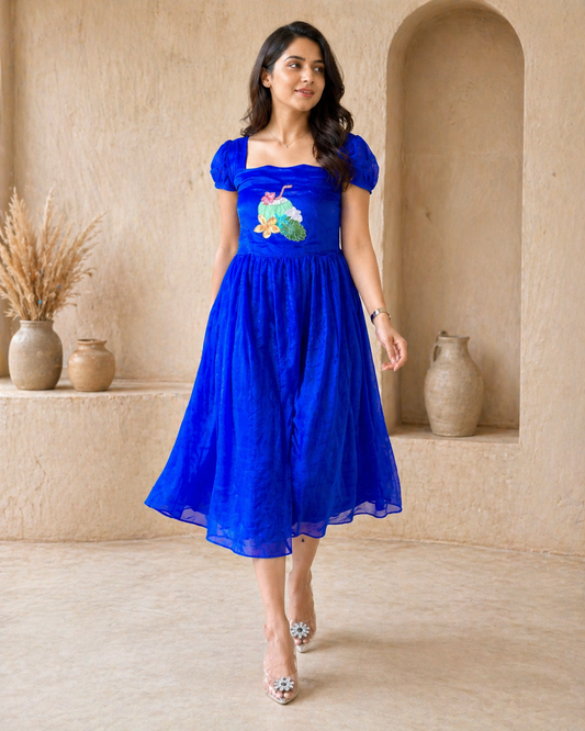 Blue tissue frock with cute hand embroidery motif