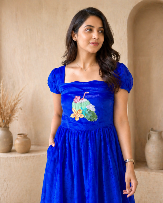 Blue tissue frock with cute hand embroidery motif