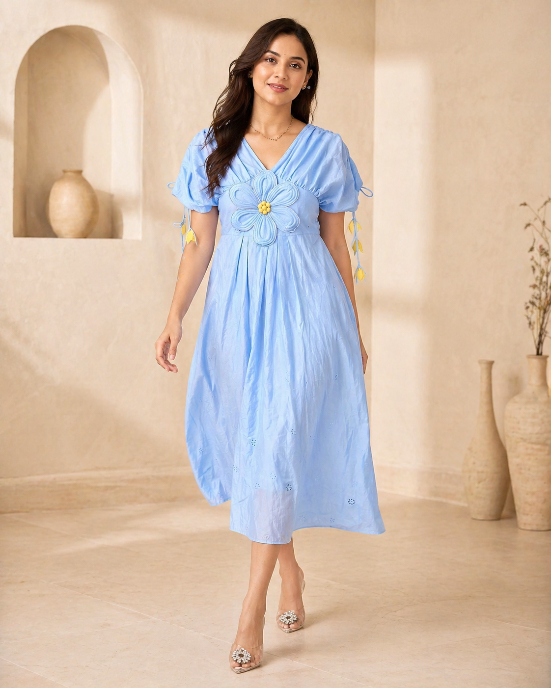 Ice blue cotton frock with aplique work detailing