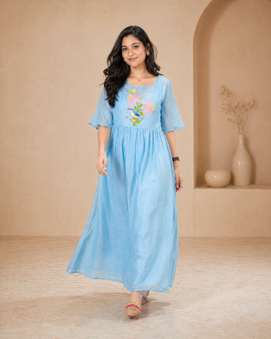 Blue mul mul  chanderi frock with hand embroidery