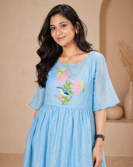 Blue mul mul  chanderi frock with hand embroidery