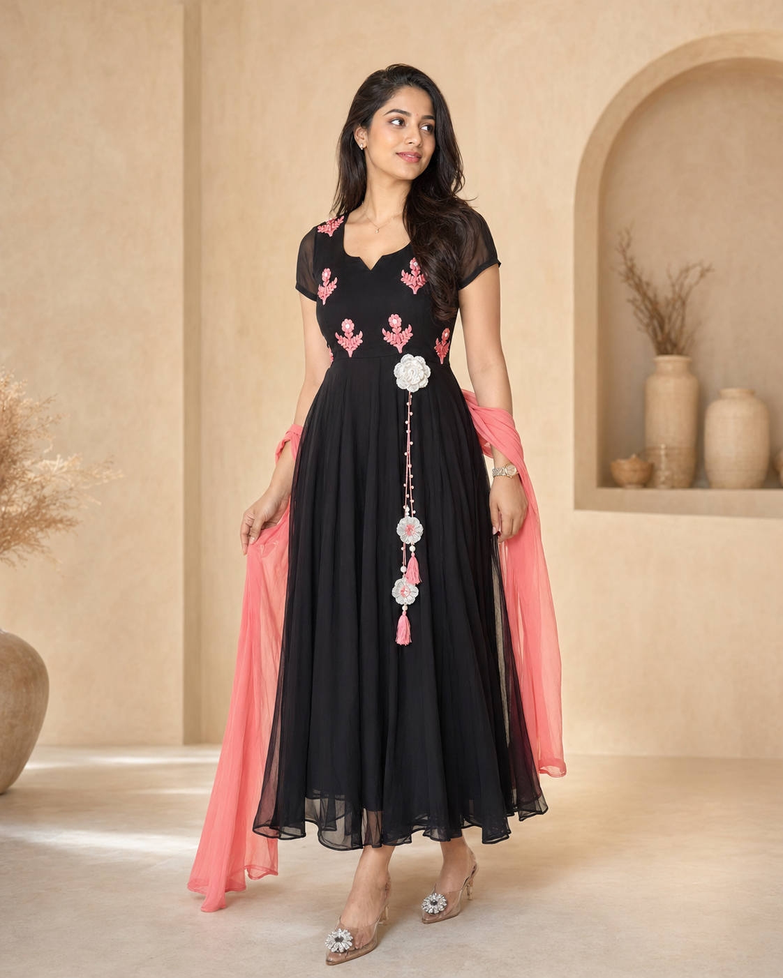 Black frock with peach thread work and plain dupatta