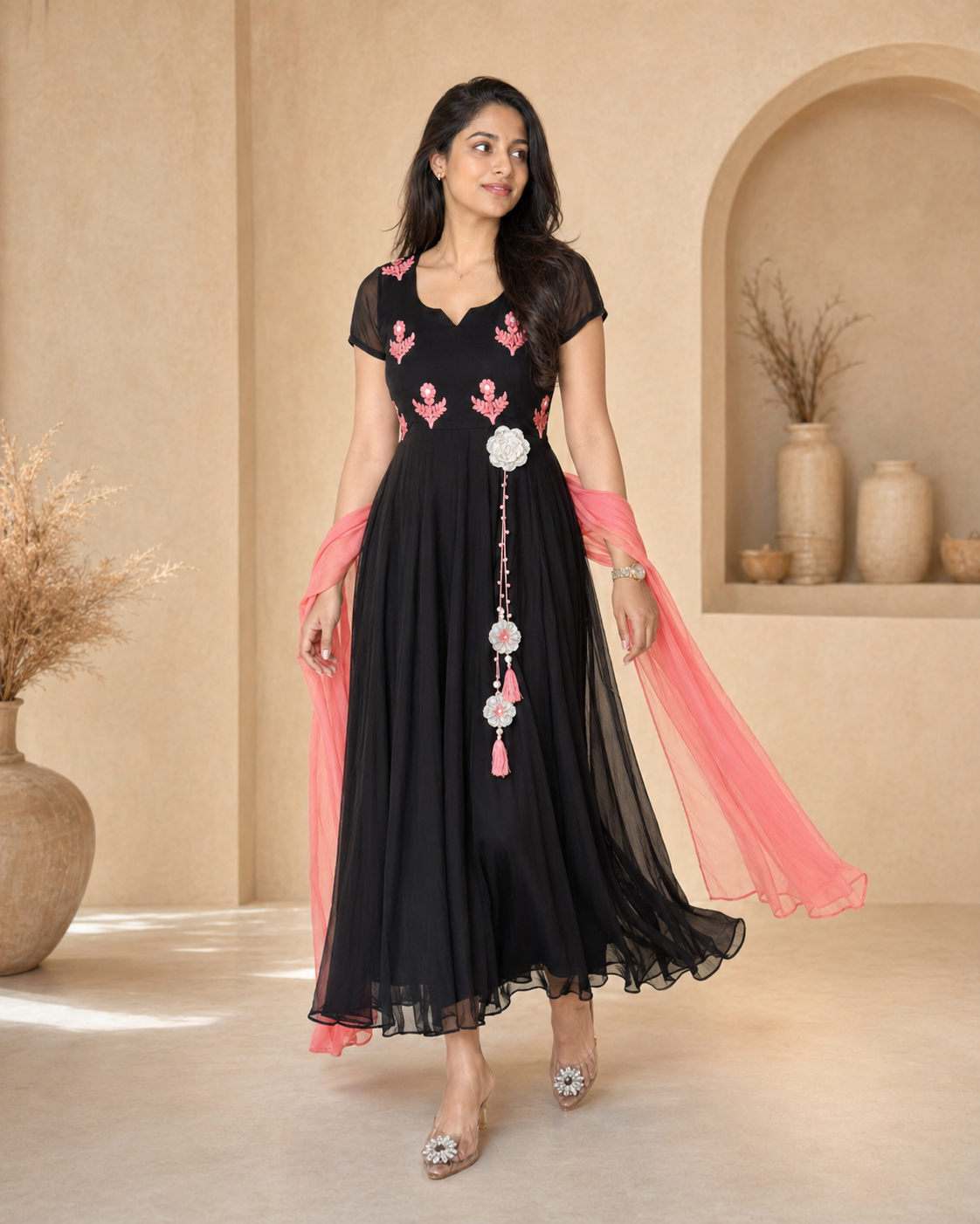 Black frock with peach thread work and plain dupatta styling