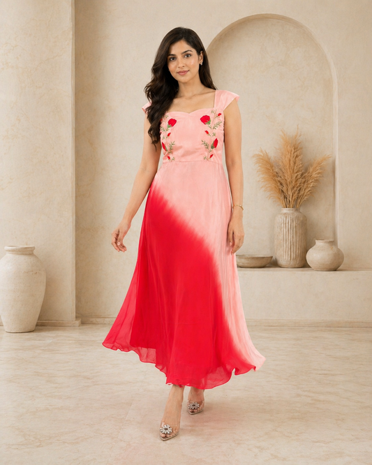 Dual shade with red embroidery frock