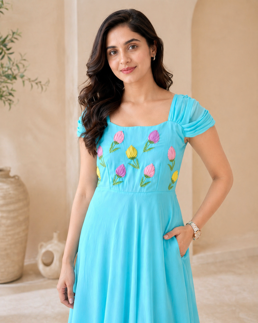 Organza with multi tulips hand embroidery frock