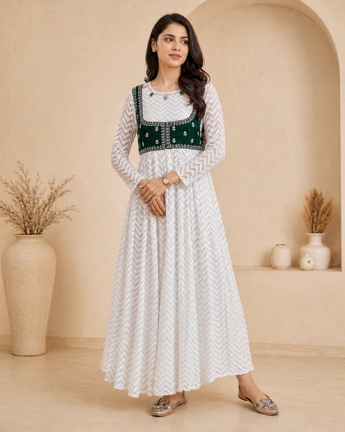 White frock with detachable green velvet jacket with hand embroidery