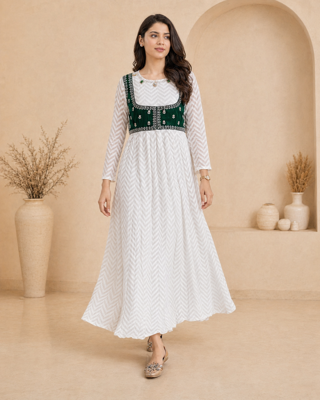 White frock with detachable green velvet jacket with hand embroidery styling