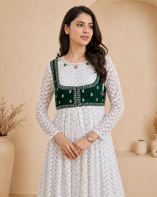 White frock with detachable green velvet jacket with hand embroidery