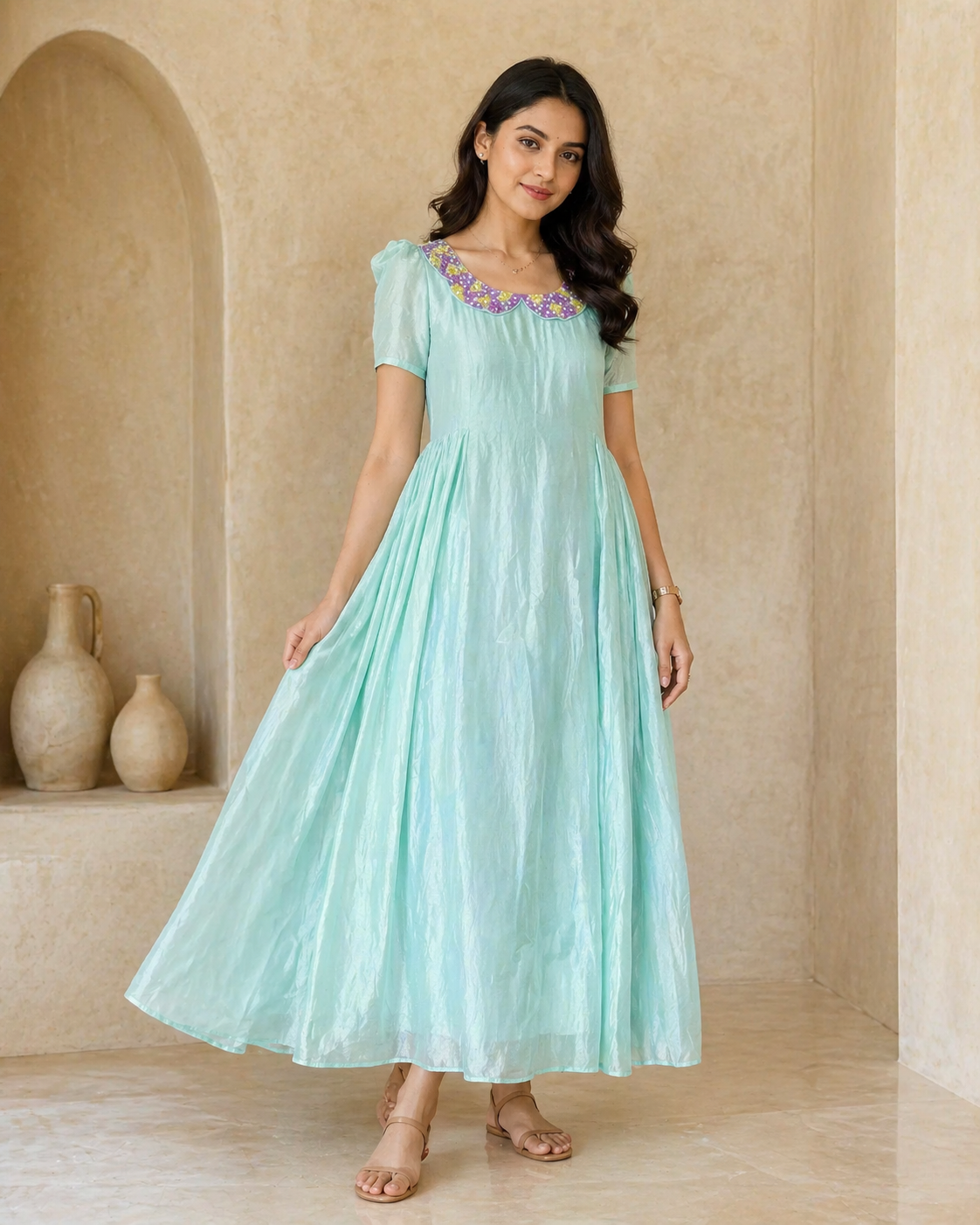 Mint green frock with hand embroidery styling
