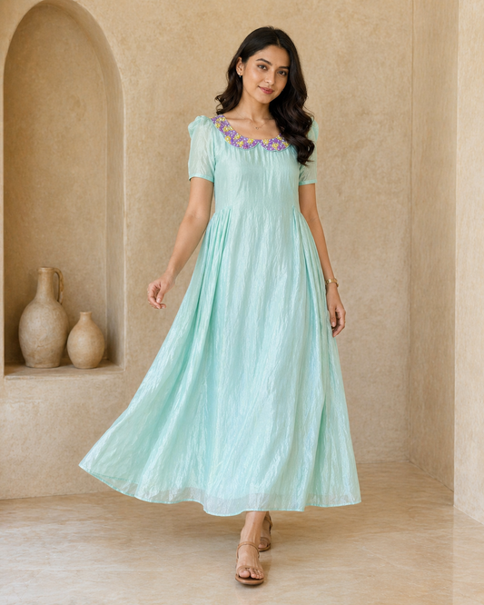 Mint green frock with hand embroidery