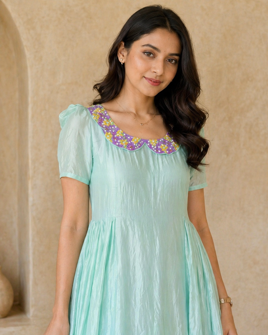 Mint green frock with hand embroidery