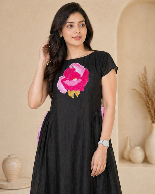 Black frock with pink applique work